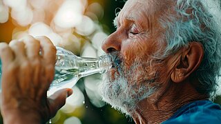älterer Mann trinkt Wasser aus einer Flasche